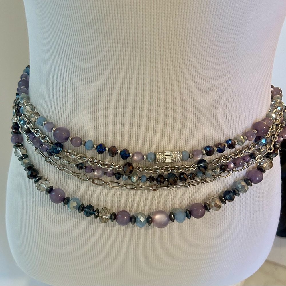 White House Black Market Crystal Chain Belt Blue Purple Beads Silver 80s Glam